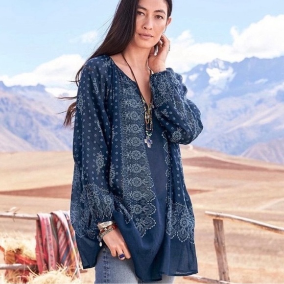 Sundance | 100% Cotton Navy White Boho V Neck Long Sleeve Tunic Medium - Picture 1 of 2